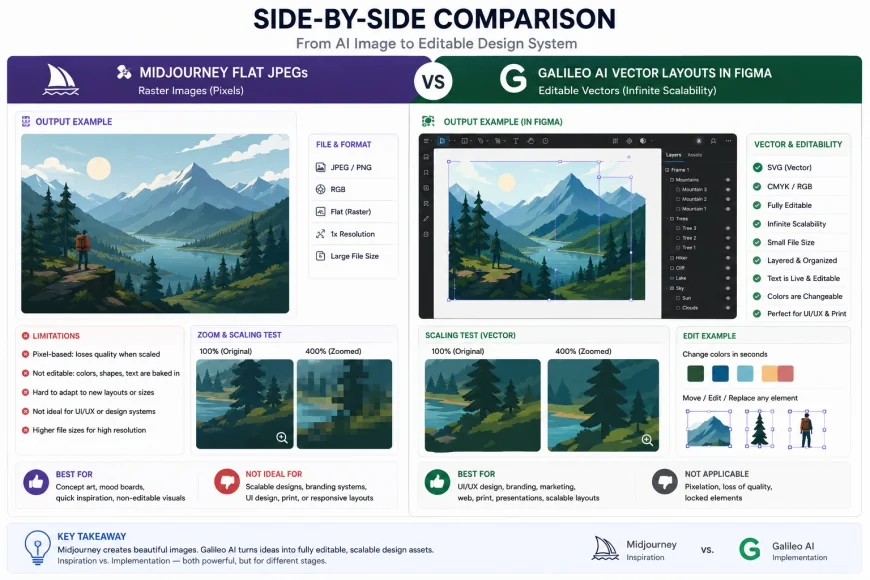 Side-by-Side Comparison of Midjourney Flat JPEGs and Galileo AI Vector Layouts in Figma