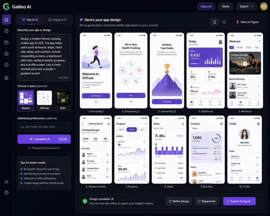 Galileo AI User Interface Showing Text Prompt and the Resulting Multi-Screen Mobile App Mockup