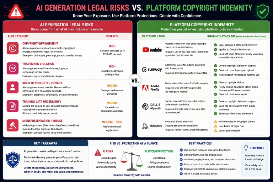 Infographic showing the comparison of AI generation legal risks vs. platform copyright indemnity