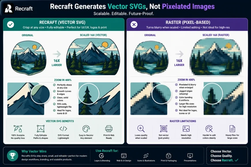 Demonstration of Recraft generating vector SVGs compared to raster pixelation