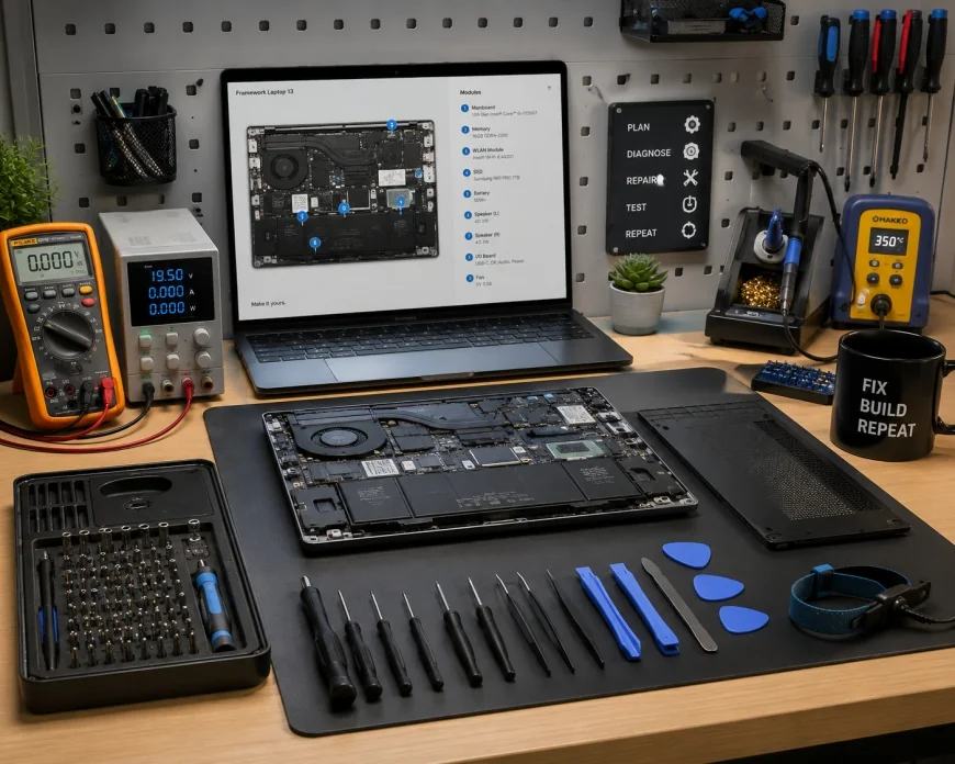 Clean workshop workbench with diagnostic tools, opening tools, and open laptop showing modular internals