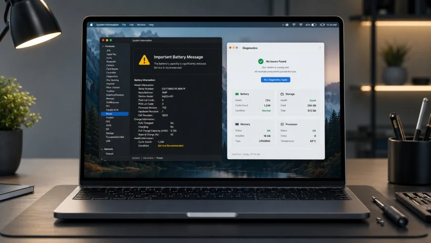 Laptop screen displaying a macOS system diagnostics screen with a battery warning message next to a clean diagnostic window