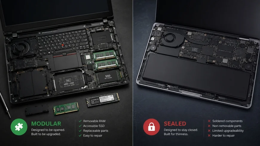 Two side-by-side laptop interiors: left, a modular ThinkPad with visible screws and removable RAM/SSD slots; right, a glued ultrabook with soldered components