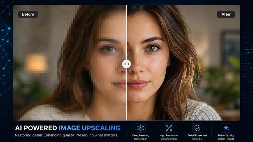 Before and after comparison of a heavily compressed portrait upscaled using neural network models