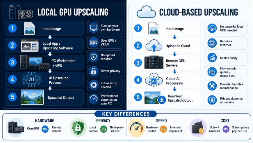 Diagram showing the workflow difference between local GPU upscaling and cloud-based upscaling