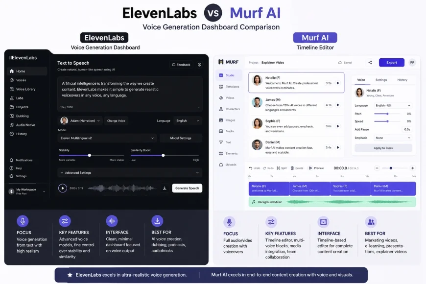 Graphical Interface Comparison between ElevenLabs voice generation dashboard and Murf AI timeline editor