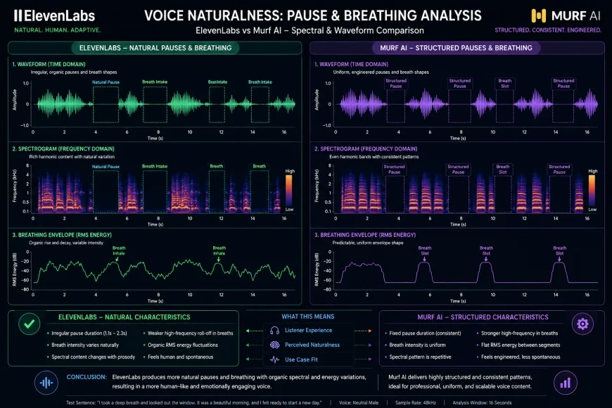 Spectral analysis graph comparing the natural pause and breathing wave-forms of ElevenLabs versus the structured waveform patterns of Murf AI