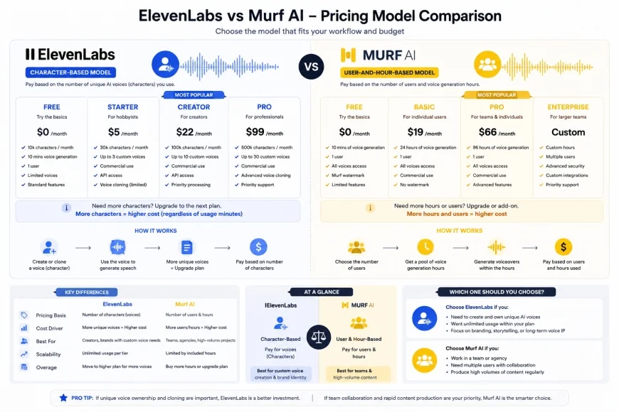 Pricing comparison infographic showing ElevenLabs character-based model versus Murf AI user-and-hour-based model
