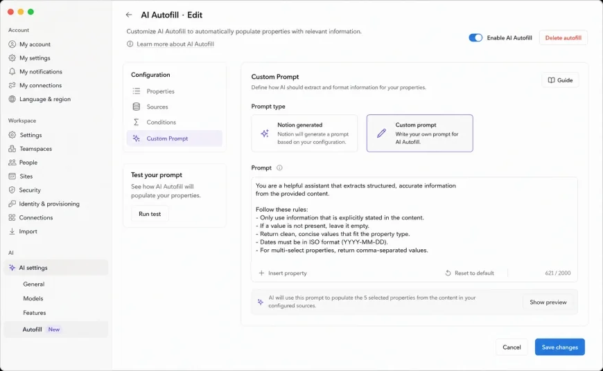 Screenshot of Notion AI Autofill settings panel showing Custom Prompt configuration