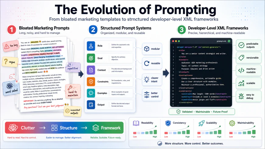 Infographic showing the evolution of prompting from bloated marketing templates to structured developer-level XML frameworks