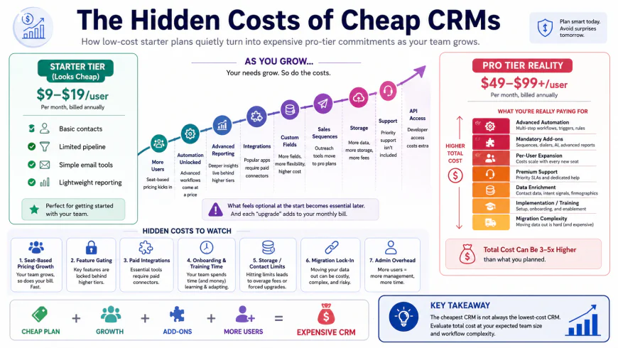 Infographic showing the hidden costs of cheap CRMs, highlighting the transition from cheap starter tiers to expensive pro tiers