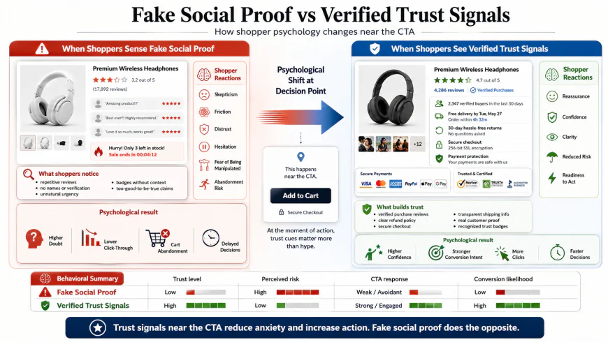 Infographic illustrating the psychological shift of online shoppers detecting fake social proof versus responding to verified trust signals near CTAs