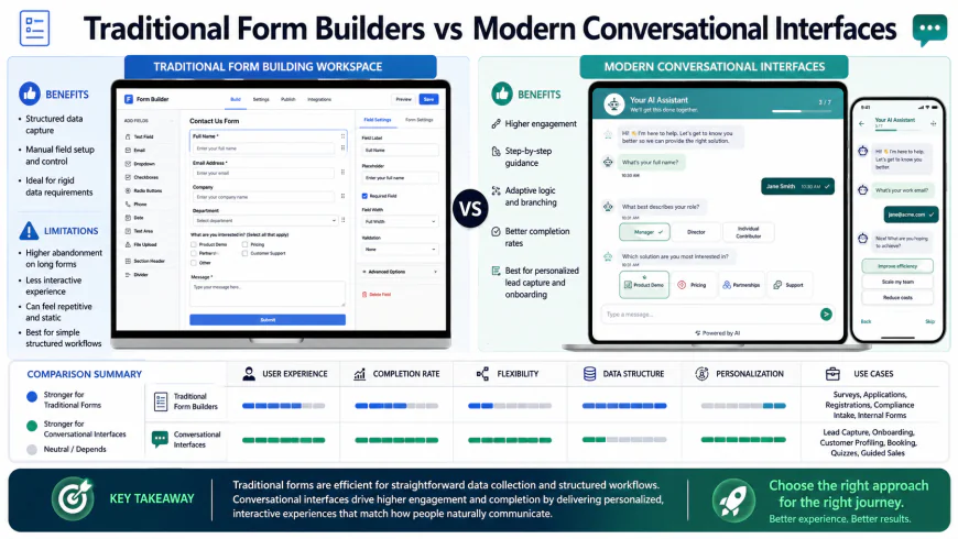 Traditional form building workspace vs modern conversational interfaces comparison