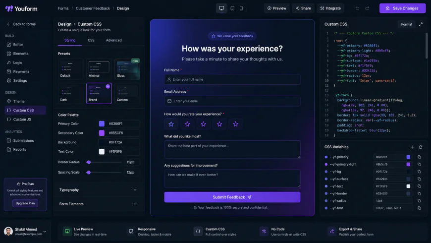 Custom CSS dashboard showing web design styling tools in Youform