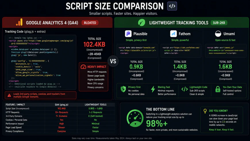 Infographic comparing script sizes of GA4 (bloated) vs lightweight tracking tools (sub-2KB)