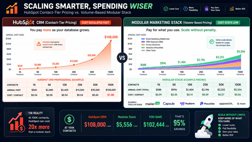 Infographic showing the cost trajectory of HubSpot CRM contact-tier pricing vs a volume-based modular budget marketing software stack as database size scales