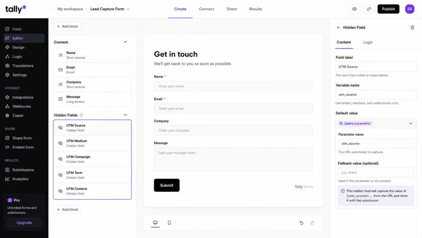 Screenshot of Tally.so interface showing how to configure hidden fields for UTM parameters to track lead sources