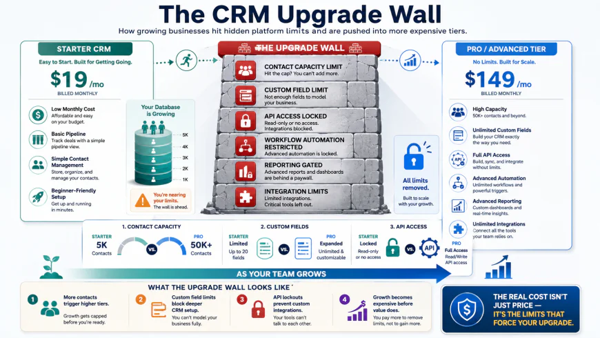 Infographic illustrating the CRM Upgrade Wall: showing contact capacity, custom field limits, and API lockouts
