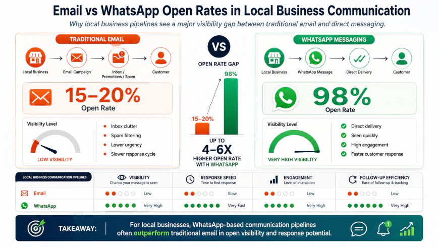Infographic showing the discrepancy between traditional email open rates (15-20%) versus WhatsApp open rates (98%) in local business communication pipelines