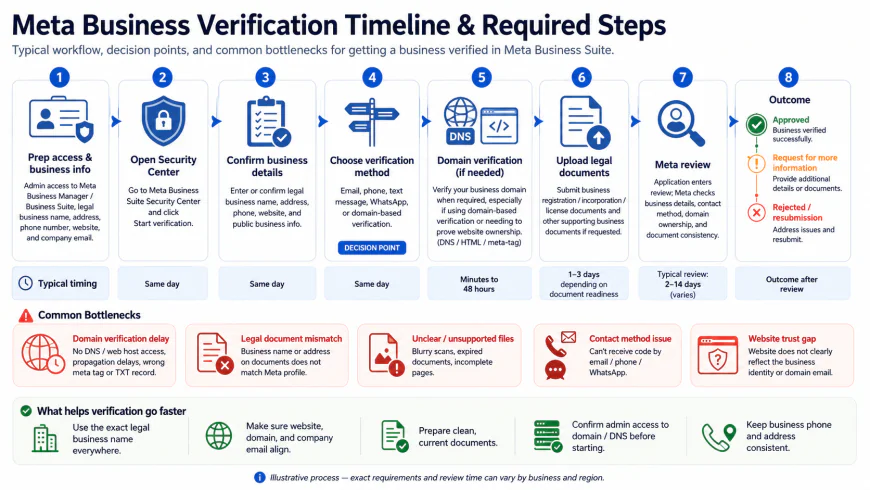 Process diagram illustrating the timeline and required steps for Meta Business Verification, highlighting potential bottlenecks like domain verification and legal document submission