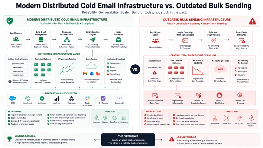 Technical Diagram of Modern Distributed Cold Email Infrastructure vs. Outdated Bulk Sending