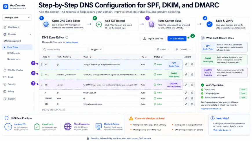 Step-by-Step DNS Configuration Interface showing TXT records for SPF, DKIM, and DMARC