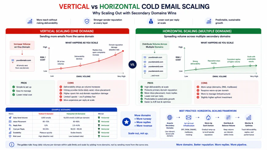 Diagram showing vertical vs horizontal cold email scaling with secondary domains