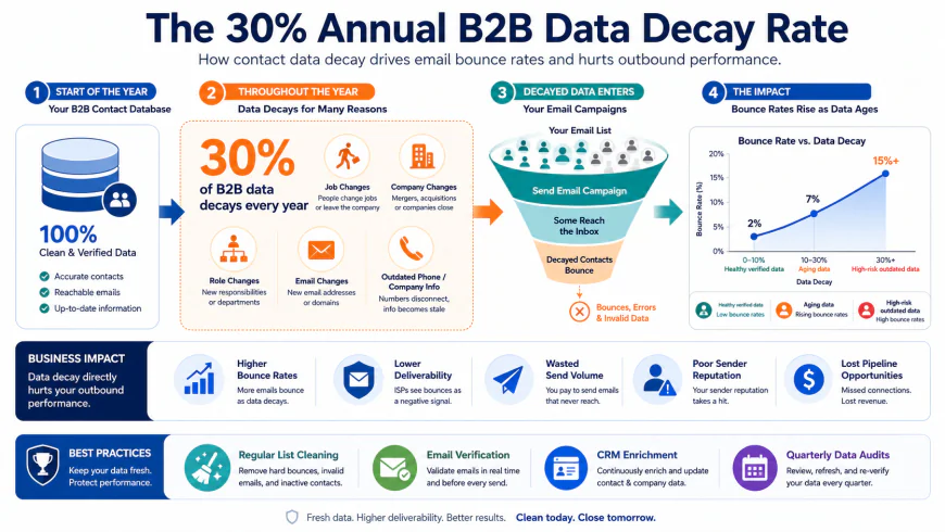 Infographic showing the 30 percent annual B2B data decay rate and its impact on email bounce rates