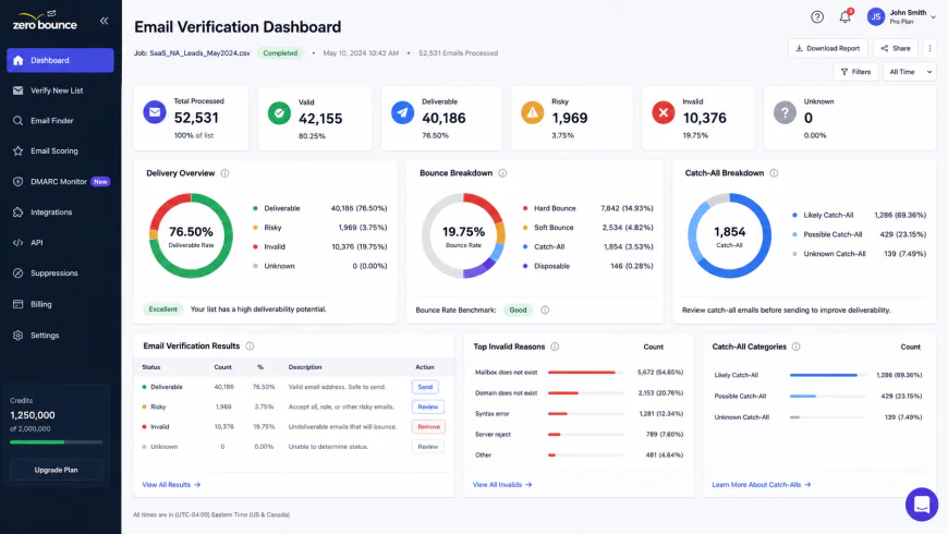 Screenshot of an email verification dashboard displaying delivery rates, bounce metrics, and catch-all categorizations