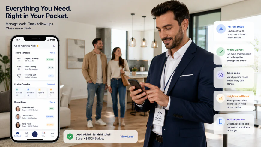 Real Estate Agent Using Simple CRM App on Smartphone During Property Showings