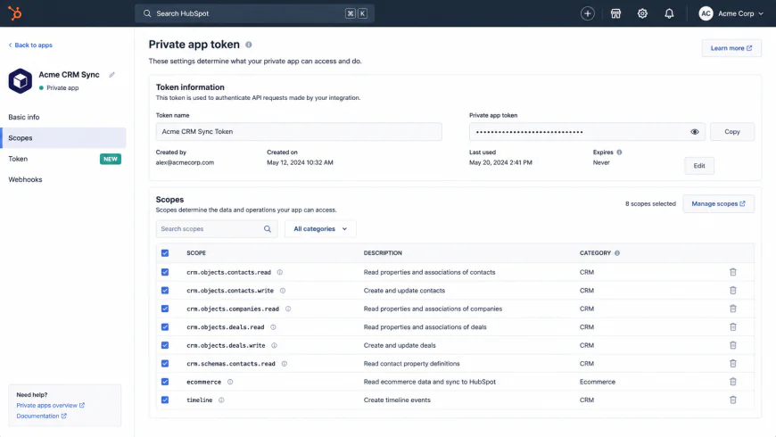 HubSpot Private App Token Configuration Panel Showing Scopes