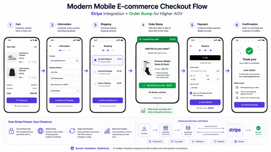 Modern Mobile E-commerce Checkout Flow diagram showing Stripe Integration and Order Bump