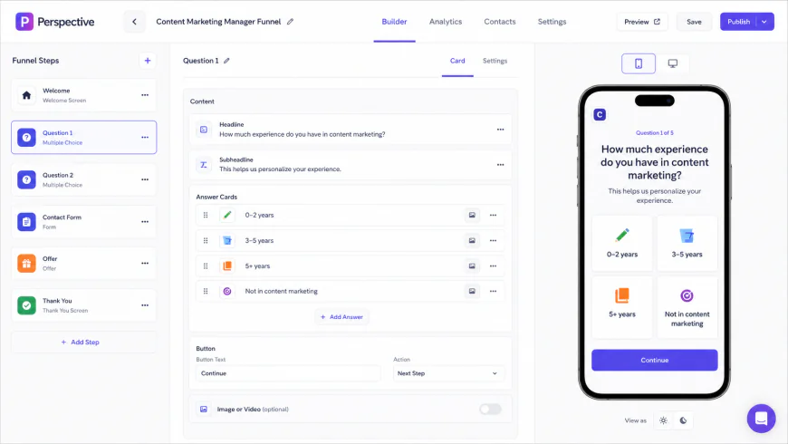 Perspective.co mobile card-based funnel builder interface on screen