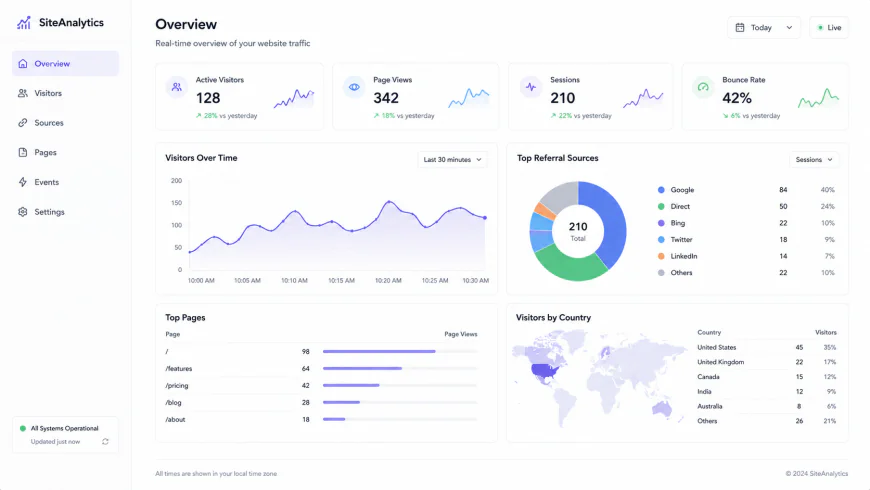 Clean, minimalist website traffic dashboard showing real-time visitor statistics and referral sources without complex submenus