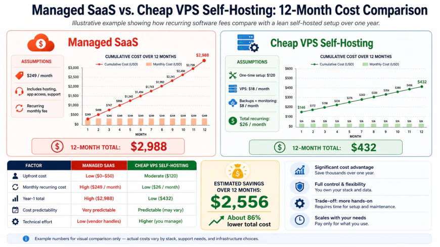 Comparative cost illustration: Managed SaaS monthly fees versus cheap VPS self-hosting setup costs over a 12-month period