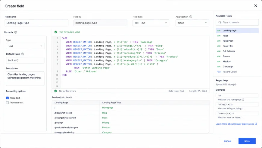 Custom field creation window in Looker Studio demonstrating Regex CASE statement setup