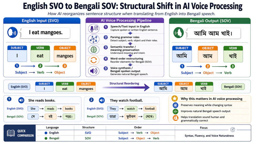 Conceptual infographic demonstrating the structural translation shift between English Subject-Verb-Object and Bengali Subject-Object-Verb during AI voice processing