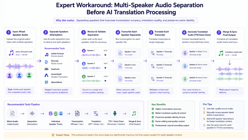 Workflow chart demonstrating the expert workaround for multi-speaker audio separation before running AI translation processing