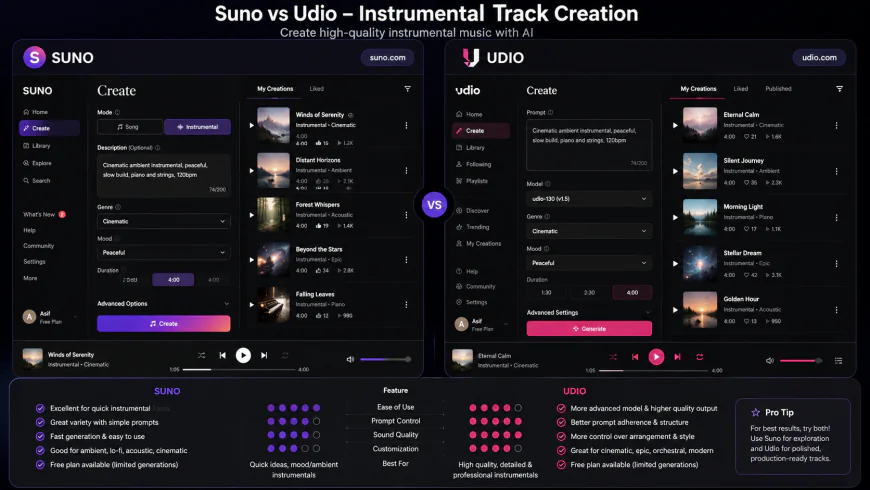 Suno and Udio UI side-by-side comparison for instrumental track creation