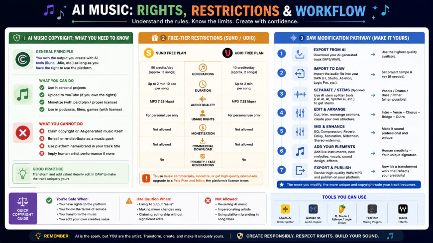 Infographic mapping out AI Music Copyright, Free-Tier Restrictions, and DAW Modification Pathways