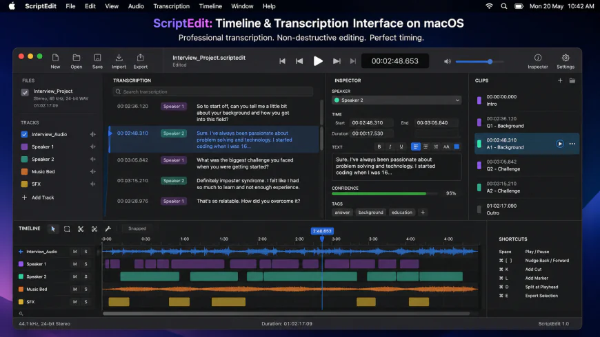 ScriptEdit Timeline and Transcription Interface on macOS