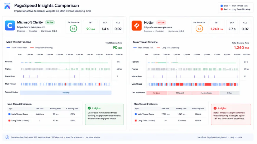 Comparative PageSpeed Insights timeline showing Main Thread Blocking Time for Clarity vs Hotjar with active feedback widgets