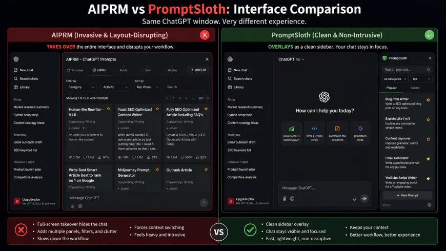 Side-by-side UI comparison showing the invasive, layout-disrupting interface of AIPRM versus the clean, non-intrusive sidebar overlay of PromptSloth