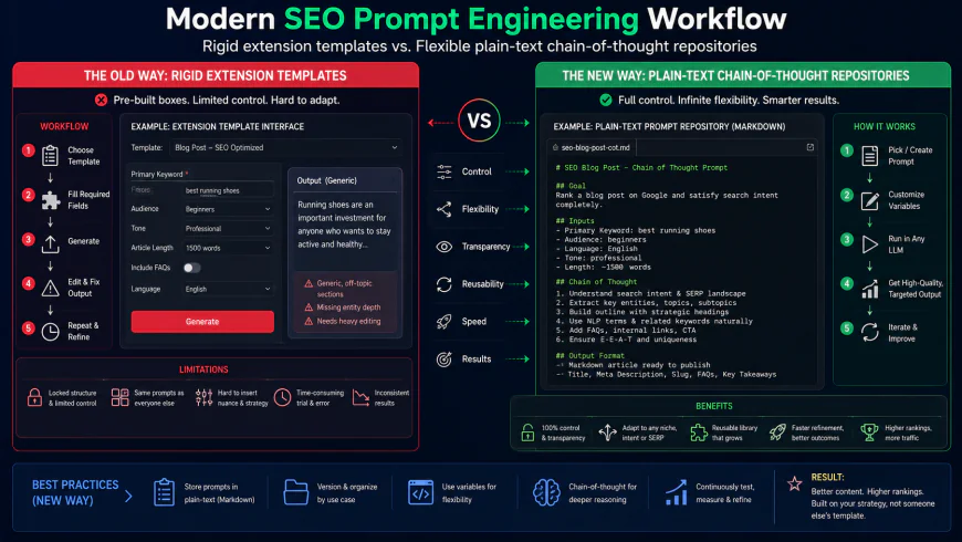 Modern SEO Prompt Engineering workflow comparing rigid extension templates with flexible plain-text chain-of-thought prompt repositories