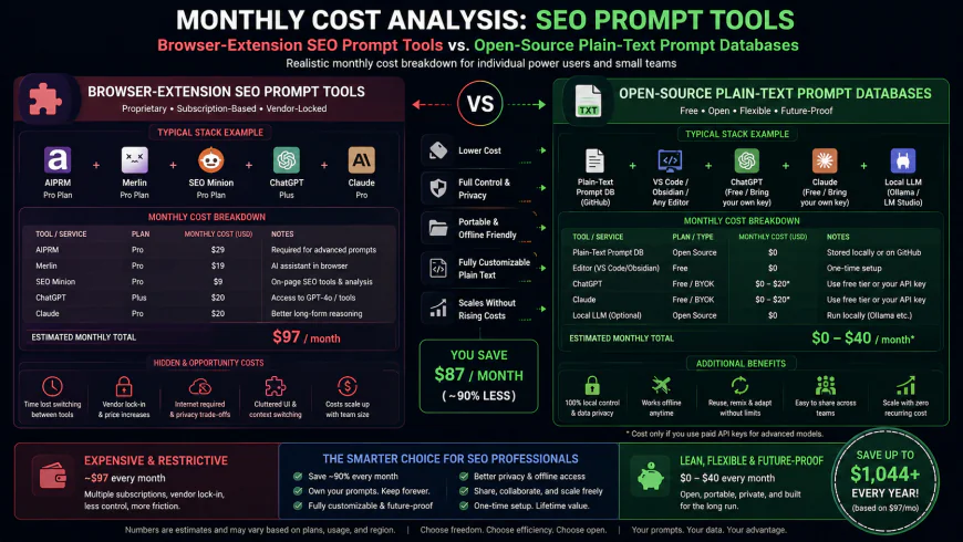 Infographic showing the monthly cost analysis of browser-extension SEO prompt tools vs open-source plain-text prompt databases