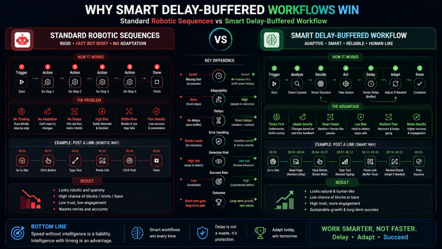 Infographic showing the difference between standard robotic sequences and smart, delay-buffered workflows