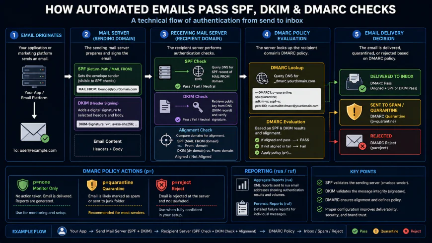 Technical diagram illustrating how automated emails pass through SPF, DKIM, and DMARC verification checks
