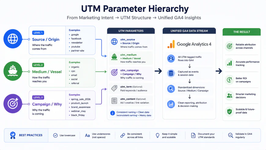 Clean flowchart illustrating the UTM parameter hierarchy showing Source/Origin, Medium/Vessel, and Campaign/Why feeding into a unified GA4 data stream