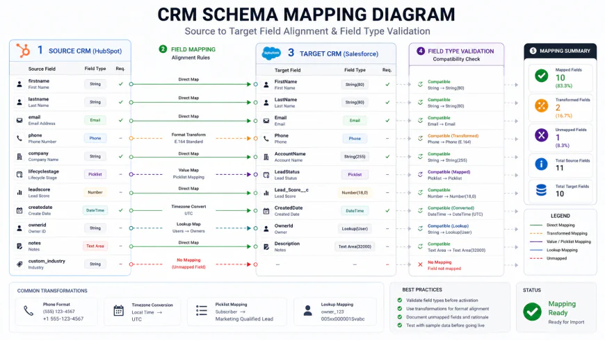CRM Schema Mapping Diagram illustrating source to target field alignment and field type validation