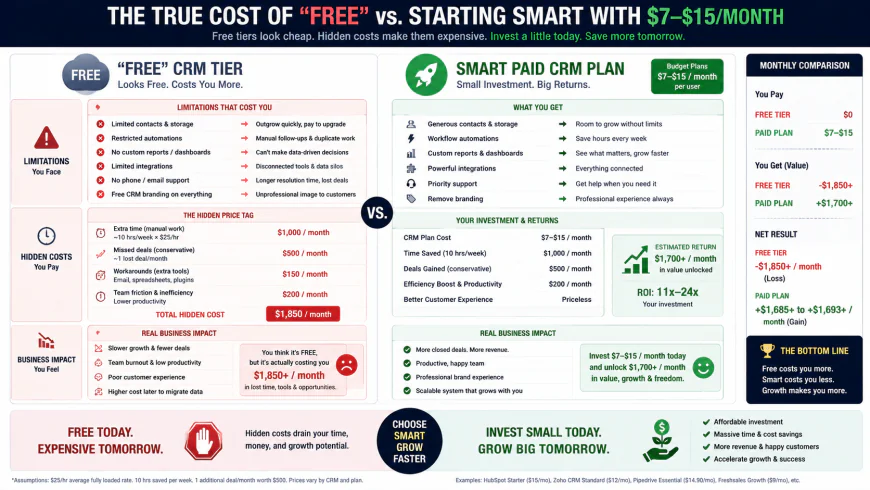 Infographic comparing the true cost of 'Free' CRM tiers versus starting immediately on a paid $7-$15/month budget plan